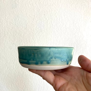 aqua green drip glaze pottery pinch bowl vintage studio pottery 