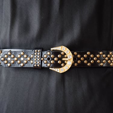 black leather belt | 80s 90s vintage gold studded rhinestone glam statement waist belt 