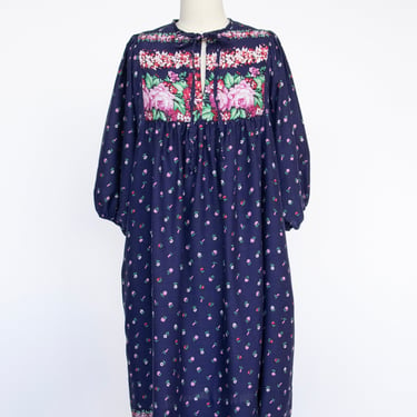 1970s Tent Dress Dark Floral Cotton L 