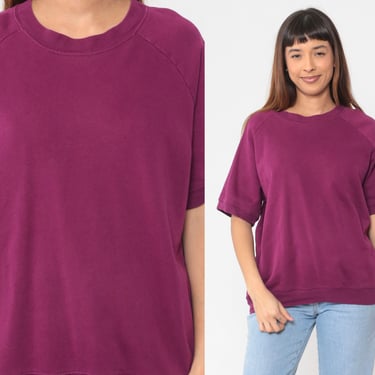 Purple Short Sleeve Sweatshirt Y2K Plain Shirt Slouchy Pullover Raglan Sleeve Top Basic Retro Tee Athletic Berry Vintage 00s Extra Large xl 