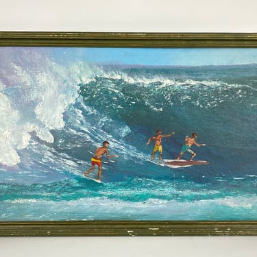 Vintage 70's Original Art Oil Painting Surfer Big Wave Surf