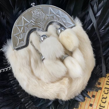Vintage White Fur Purse With Silver And Black Leather Strap 