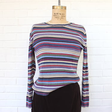 1990's Size Small Muted Striped Rib Knit Long Sleeve Top 