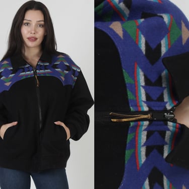 Vintage Black Pendleton Jacket / 80s Rainbow Ethnic Print Pendleton Coat / Native American Southwestern Wool Bomber XL 