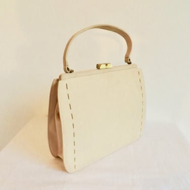 1960's Off White Beige Suede Structured Purse Top Handle Gold Clasp and Hardware Mod Style Mid Century 60's Hanbags Palizzio 