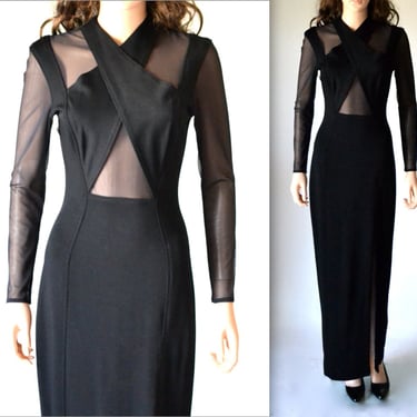 90s Vintage Black Prom Dress Illusion Dress Size Small Medium// Black Body Con 90s Prom Dress Bondage Dress Small Medium Cache 