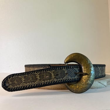 Vintage 90s Black Genuine Snake Skin Woven Trim Chunky Buckle Belt Size Large 
