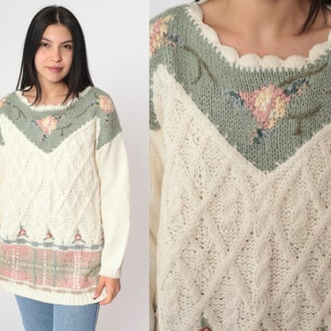 Vintage Hand-Knit Sweater 90s Floral Pattern Chunky Knit Cream Green Pink Long Sleeve Casual Corner Women's Pullover Large 