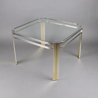 Vintage Chrome and Glass Coffee Table with Gold Accents | Mid-Century Modern Square Side Table | Hollywood Regency Glam Square Coffee Table 