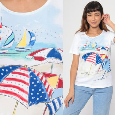 Studded Sailboat Shirt 90s Patriotic Beach Umbrella Tee Embellished Sailor Tee Boat Nautical TShirt Vintage 1990s Graphic White Medium 