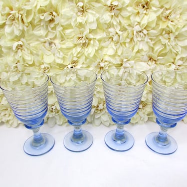 Libbey Sirrus Blue Wine Goblets - Water Glasses - Ribbed Rings- Footed 