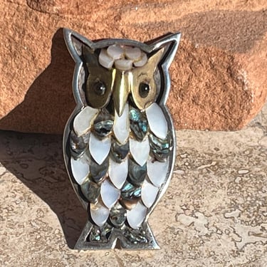 Los Castillo ~ Vintage Sterling Silver Owl Pin with Brass Face and Mother of Pearl and Abalone Feathers c. 1950's 