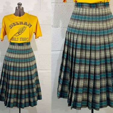 Vintage Pleated Wool Plaid Skirt Autumn Fall Back to School Blue Cream Beige Gray Boho 1960s 1970s Small XS 