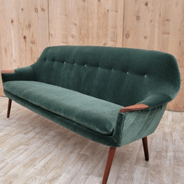 Mid Century Modern Danish Hans Olsen Style 3 Seat Sofa Newly Upholstered in a Stunning Plush, Double-Thick “Hunter-Mist” Italian Mohair