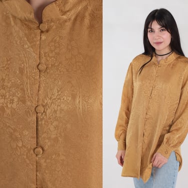 Gold Silk Tunic Top 90s Paisley Floral Embossed Button up Blouse Long Sleeve Side Slit Retro Bohemian Hippie Shirt Vintage 1990s Large L 