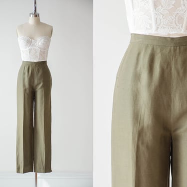 high waisted pants | 80s 90s vintage olive green silk linen academia style pleated trousers 