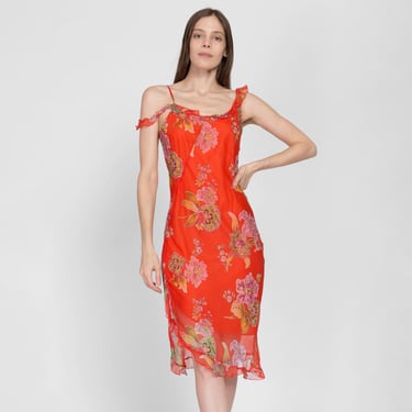 Small Y2K Blood Orange Silk Floral Midi Dress | Vintage United Colors Of Benetton Off Shoulder Bias Cut Boho Party Dress 