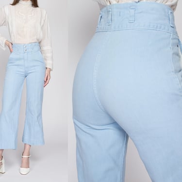 Petite Small 70s Baby Blue Flared Pants 26" | Vintage High Waisted Retro Flares Hippie Trousers 