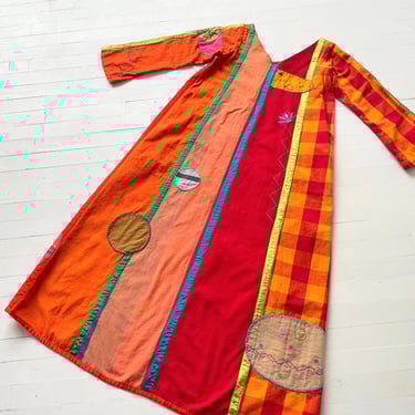 1970s Josefa Colorful Patchwork Cotton Kaftan – Embroidered Maxi Tunic Dress, L/XL Vintage 