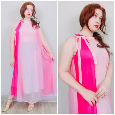 1970s Vintage Kayser Pink Nylon Color Block Night Gown / 70s Bow Neck Babydoll Magical Swing Dress / Size Medium - Large 