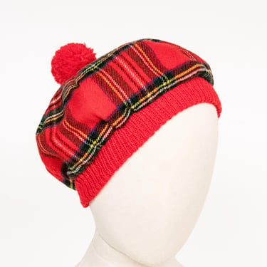 Vintage 1970s Beret Wool Knit Plaid Scottish Hat Cap 