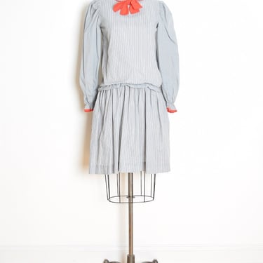 vintage 80s dress gray striped kinderwhore dolly ascot puff sleeve mini XS clothing 