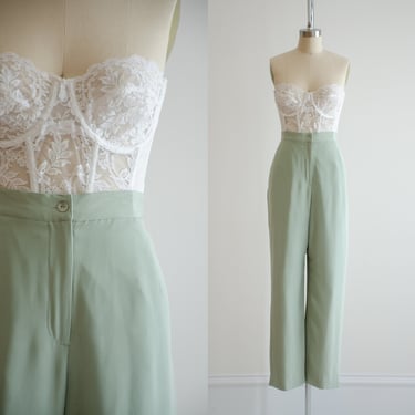 high waisted pants 90s y2k plus size vintage pastel mint green silk straight leg trousers 
