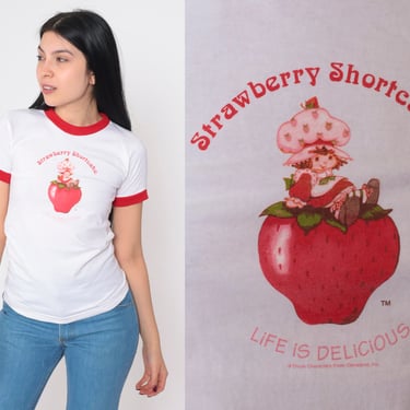 Strawberry Shortcake Shirt 90s Ringer Tee Life is Delicious Graphic T-shirt Kawaii Cartoon Nostalgia White Red Vintage 1990s Extra Small xs 