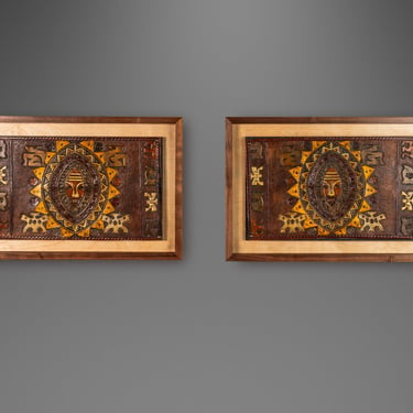 Set of Two (2) Mid-Century Modern Framed Embossed Leather Pre-Columbian Folk Art by Angel Pazmino, Ecuador, c. 1960's 