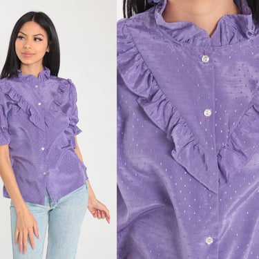 Purple Ruffle Blouse 80s Puff Sleeve Button Up Top Retro Short Sleeve Shirt Shiny Dot Print Ruffled Secretary Blouse Vintage 1980s Medium M 