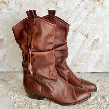 Vintage 80s 90s Slouch Boots, Boho Chic, Fringe Tassel Trim, Dark Cordovan Brown Leather, Size 8.5 US 