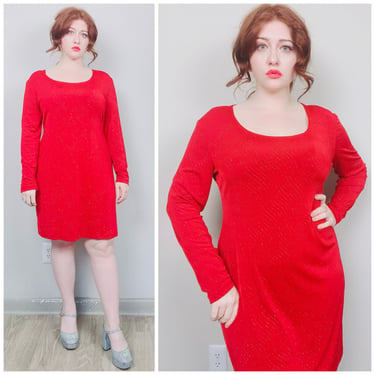 1990s Vintage Scarlett Microfiber Red Mini Dress / 90s / Nineties Long Sleeve Silver Glitter Holiday Dress / Size XL 