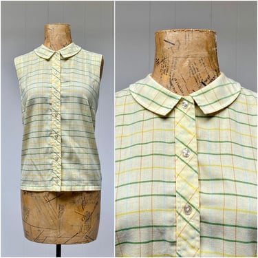 Vintage 1960s Sleeveless Top, Ship 'n' Shore Yellow Plaid Cotton Blend Casual Blouse, 60s Summer Fashion, Medium 38