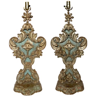 Pair Indo- Portuguese Painted Teak Reliquary One-Socket Table Lamps