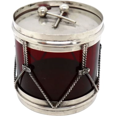 1930's Vintage Art Deco R. Blackinton Sterling Silver and Ruby Red Glass Drum with Drumsticks Lided Jam Jar Condiment Container 