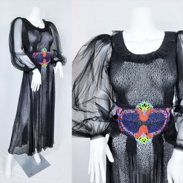 1930's Black Rayon Lace Long Sheer Gown Dress I Sz Sm I Beaded 30's Dress 