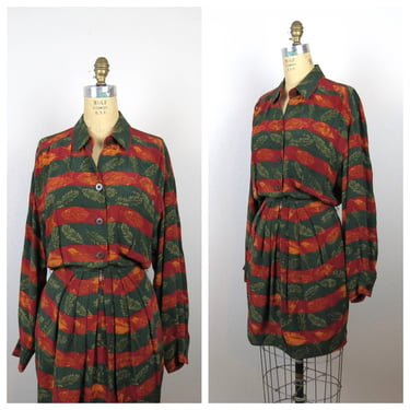 Vintage 1980s silk dress 1990s mini shirt dress shirtwaist fall print autumn colors 