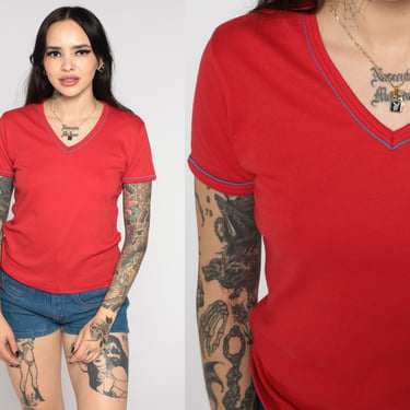 80s Ringer Tee Shirt Red T Shirt V Neck Shirt Plain Athletic Shirt Vintage 1980s Tshirt Short Sleeve Single Stitch Medium 
