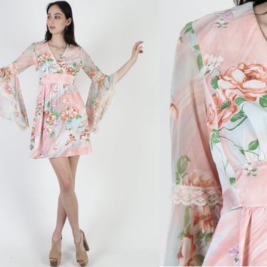 1970's Fan Kimono Mini Dress, Floral Wrap Bodice, Vintage 70s Bohemian Festival Dress 