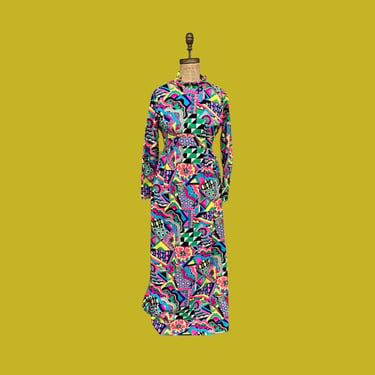 Vintage Dress Retro 1970s Handmade + Psychedelic + Floral + Geometric + Maxi + Floor Length + Womens Apparel 