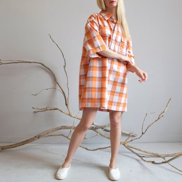 vintage 70s plaid orange & white oversized shirt dress 