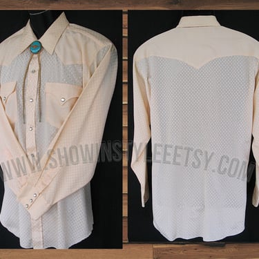 H Bar C, California Ranchwear Vintage Western Men's Shirt, Cowboy & Rodeo, Ivory Brocade, Size 16.5-34, Approx. Large (see meas. photo) 