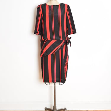vintage 80s dress black red striped drop waist flapper secretary midi dress L clothing 
