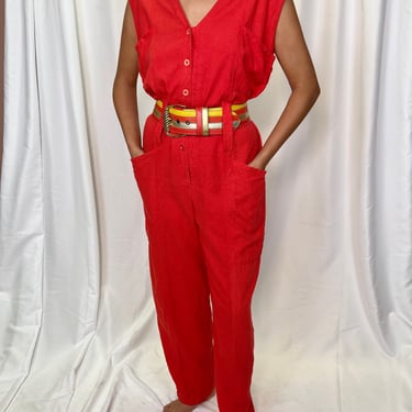 Vtg 80s minimalist strawberry red raw silk jumpsuit 