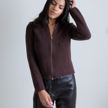 Y2K brown cotton zip up cardigan // S (2426) 