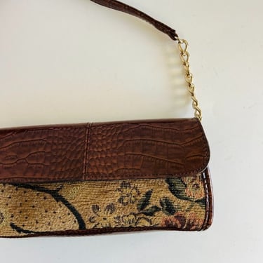 Vintage 90s Liz Claiborne Tapestry Brown Leather Chain Link Shoulder Bag 