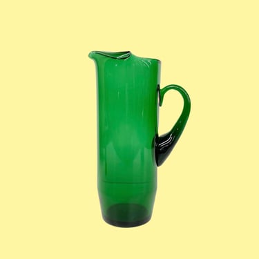 Vintage Pitcher Retro 1970s Hand Blown + Art Glass + Clear + Emerald Green + Mid Century Modern + Drinkware + MCM + Home and Kitchen Decor 