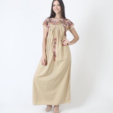 Traditional Tan Oaxacan Dress, Floral Hand Embroidery, San Antonio Cover Up, Womens Mexican Cotton Maxi 