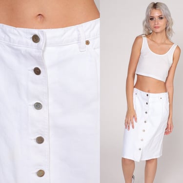 White Jean Skirt 90s Guess Denim Mini Skirt High Waisted Button up Miniskirt Retro Summer Basic Simple Plain Pencil Vintage 1990s Small 28 