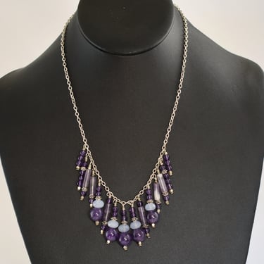 70's Byzantine sterling amethyst opalite bib, 925 silver purple white beads & tubes hippie necklace 